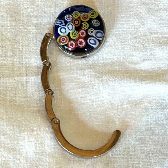 Blue Millefiori Glass Purse Hook With Foldable Metal Design - Picture 6 of 6